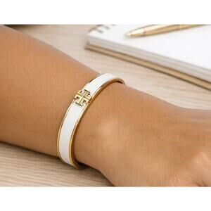Tory Burch Kira White Enamel Bangle 18K Gold‑Plated Size Large NEW w Dust Pouch